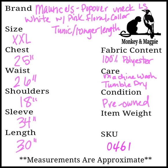 MAURICES Collared V-Neck Top Cream With Pink Floral Design Long Sleeve XXL - Picture 8 of 8